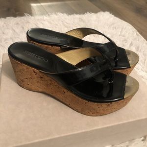 Jimmy Choo Black Patent Leather Wedge Sandals